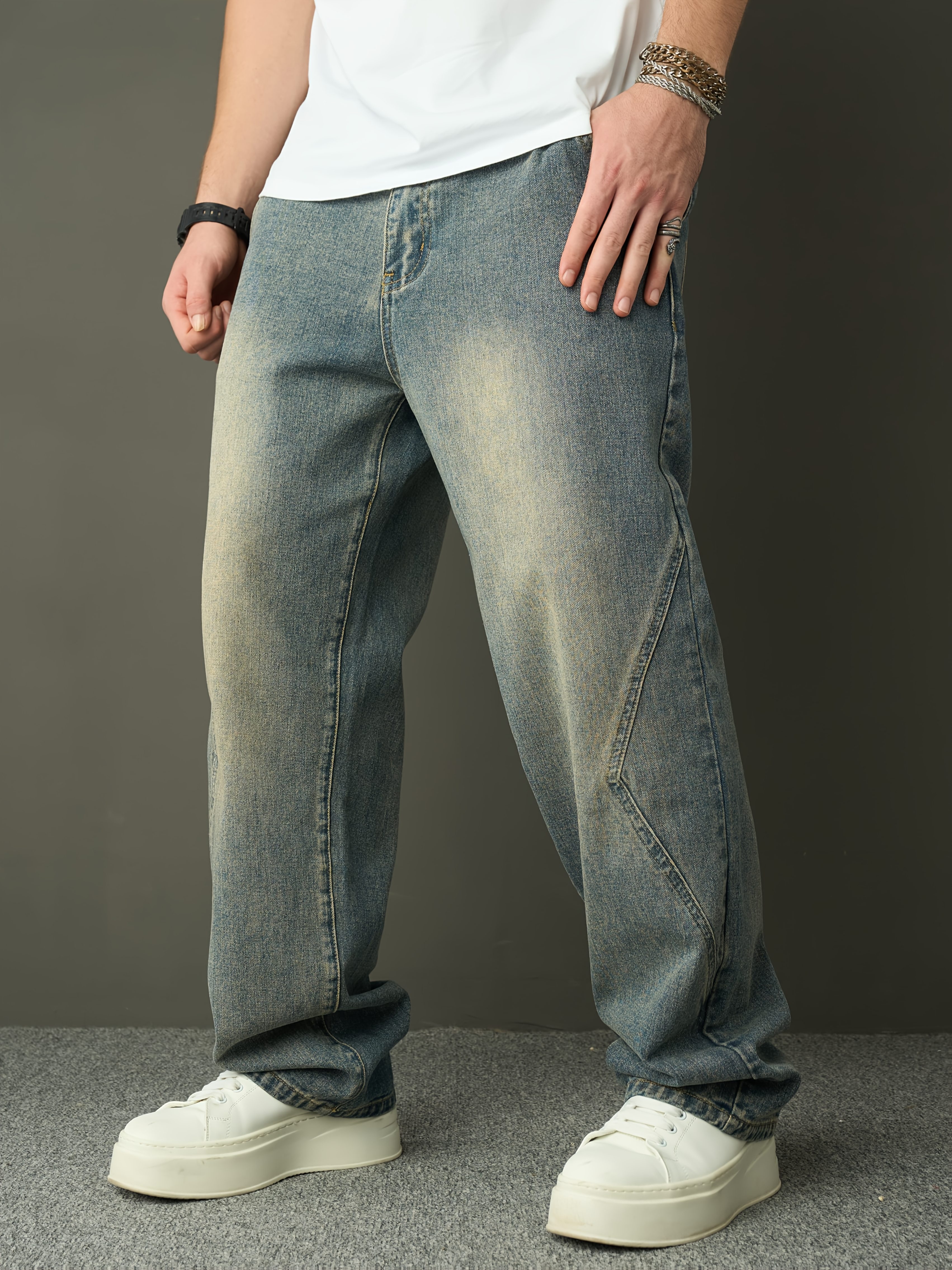 Men S   Denim Washed Retro Casual Straight Leg Pants Fashionable And     Loose Wide Leg Pants details 3