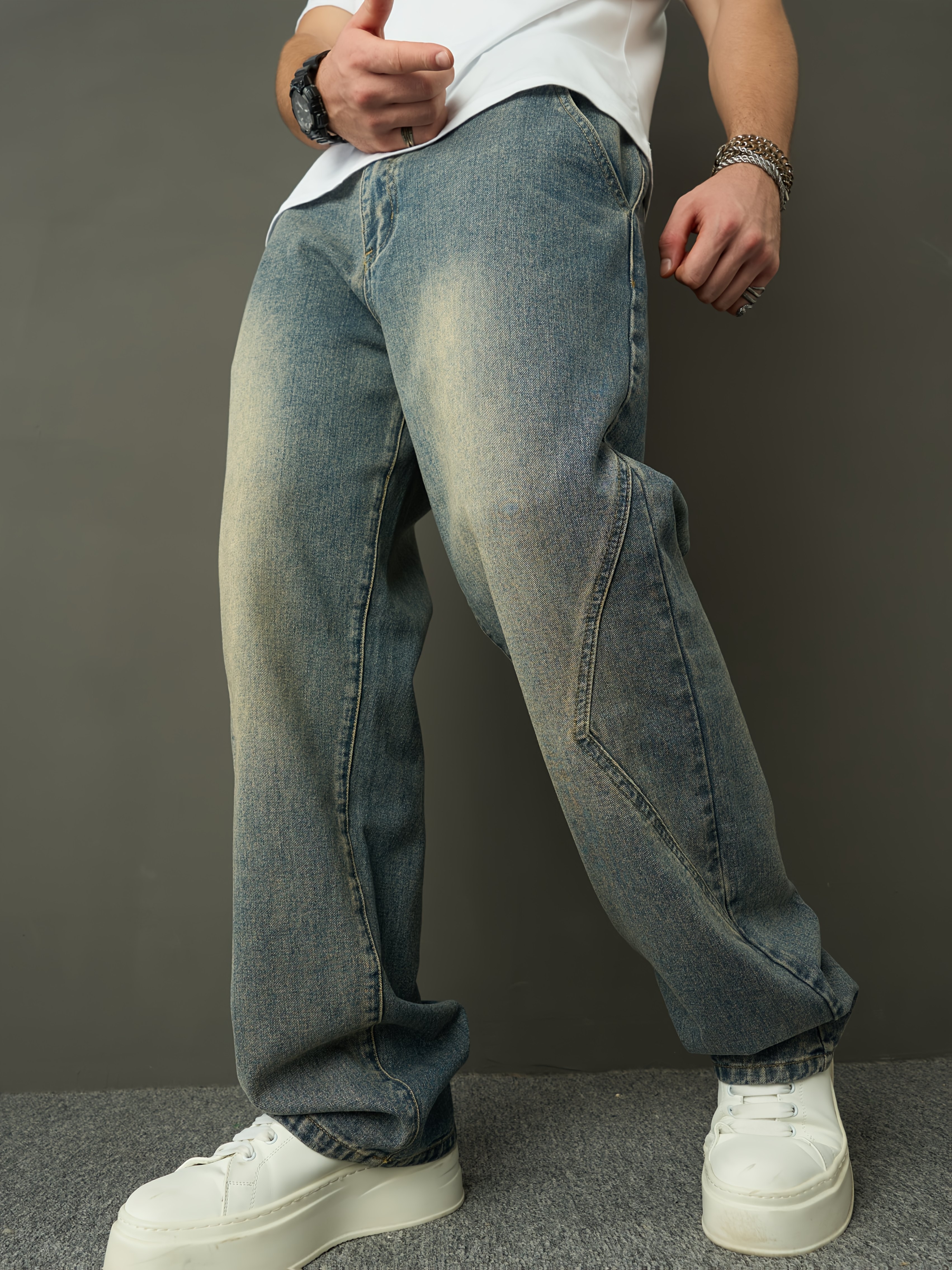 Men S   Denim Washed Retro Casual Straight Leg Pants Fashionable And     Loose Wide Leg Pants details 4