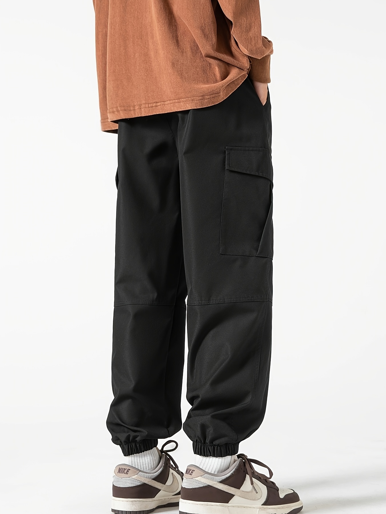 [1pc Men S Casual Cargo Pants] Men S Casual Cargo Pants, Polyester 100%, Loose Fit, Non-Stretch, Solid Color, with Drawstring, Multiple Pockets, for Spring/Fall, Woven Regular Length details 1